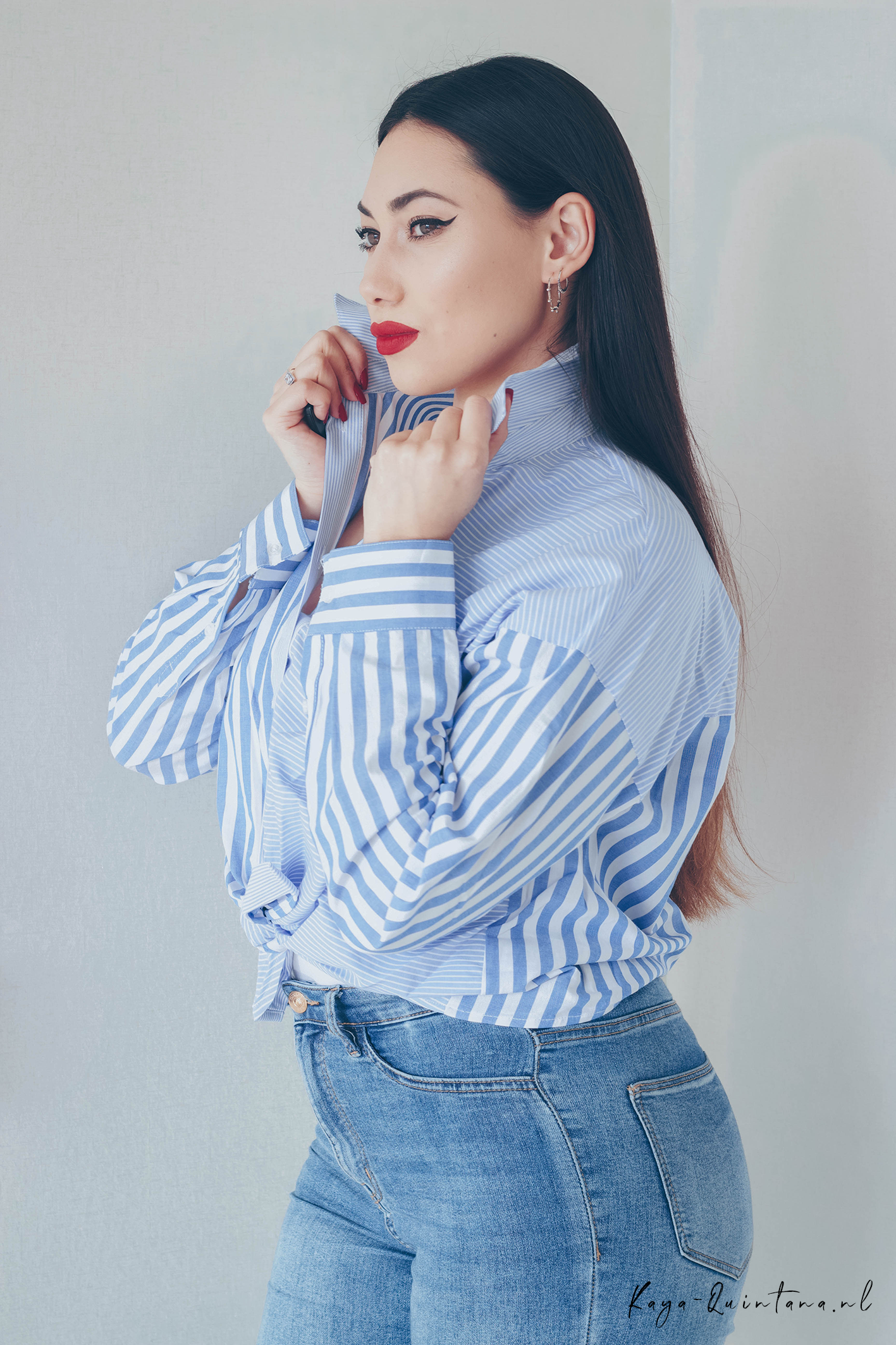 Blue striped blouse outfit